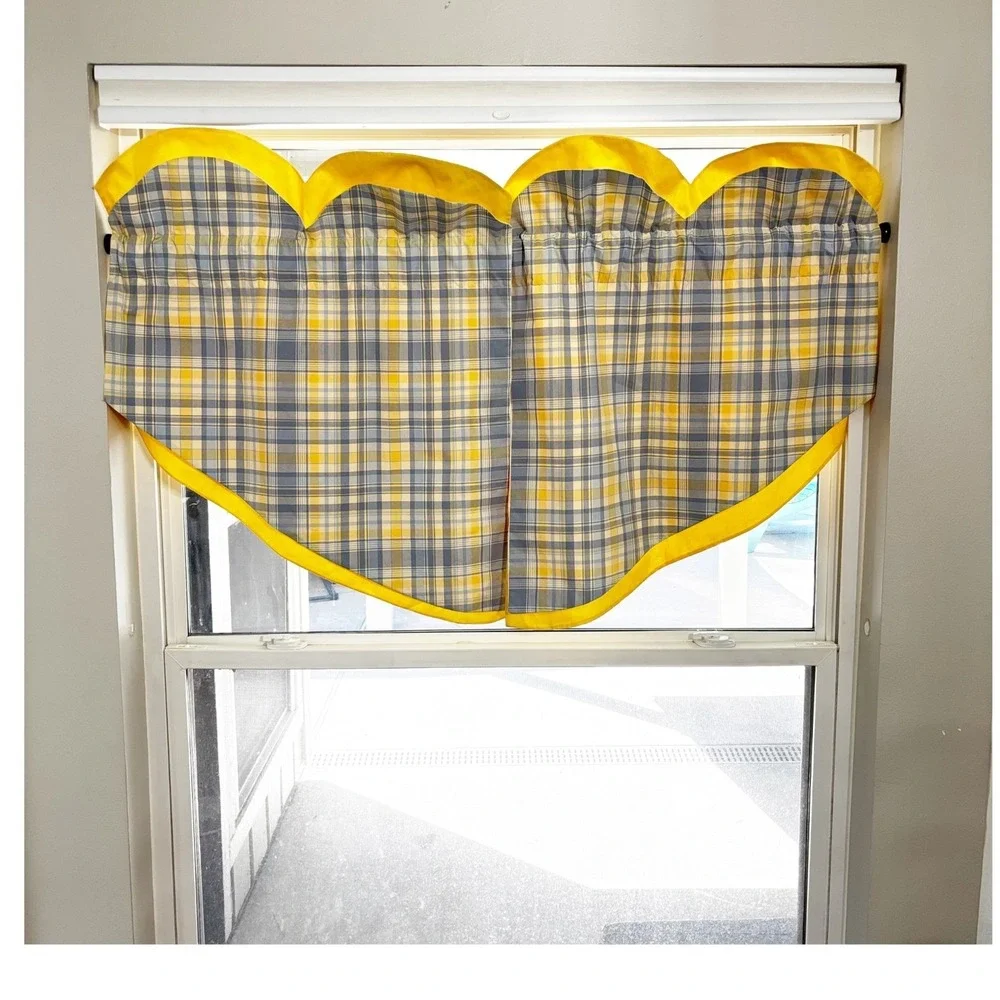 Country Heart‎ Valance Curtain Yellow Gray Plaid Kitchen Two Panels 30x25 Each